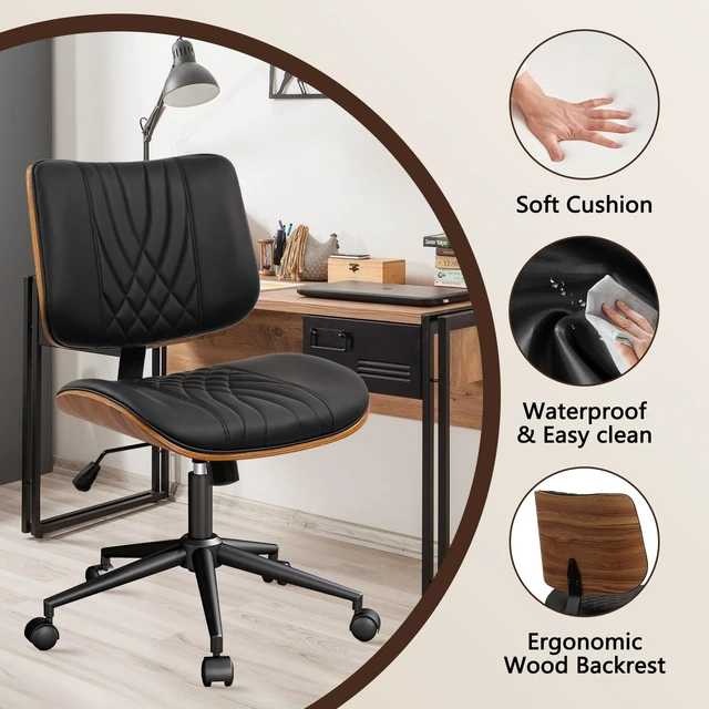 Alt view image 7 of 7 - CLATINA Armless Home Office Chair, Desk Chair with Wheels, Adjustable Height Reading Chair, Leather Mid Back & Swivel Computer Chair, Modern Walnut Chairs with Back for Studio Meeting Room(Black)