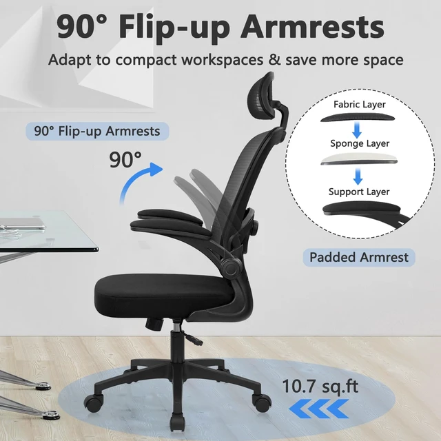 Alt view image 4 of 7 - KLASIKA Desk Chairs with Wheels, Ergonomic Mesh Back Home Office Chair with Headrest, Adjustable Lumbar Support Swivel Rolling Computer Chairs with Flip Up Armrests for Conference Meeting Room, Black