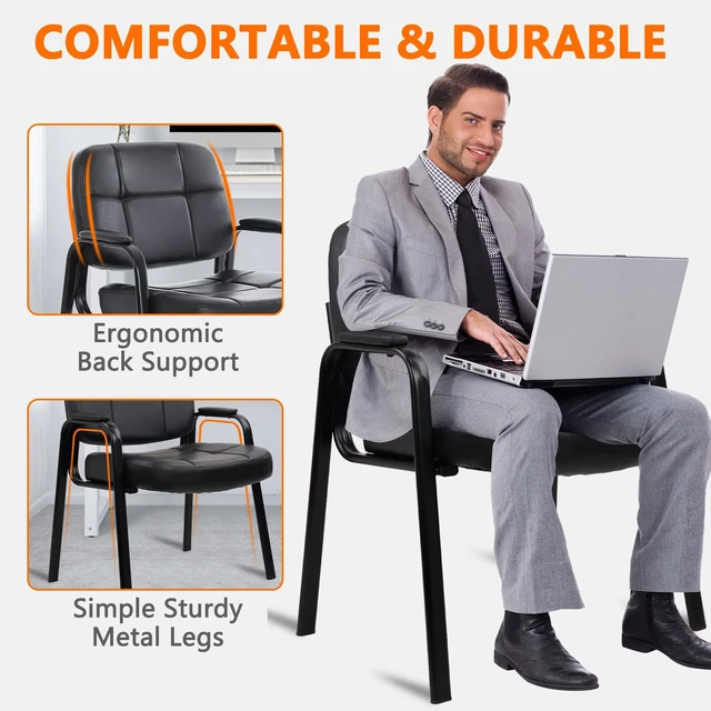 Alt view image 6 of 7 - CLATINA Big & Tall 500 lbs Leather Office Reception Chair No Wheels with Padded Arms, Waiting Room Guest Chair for Elderly Home Desk Conference Room Lobby Side Salon Clinic, Black