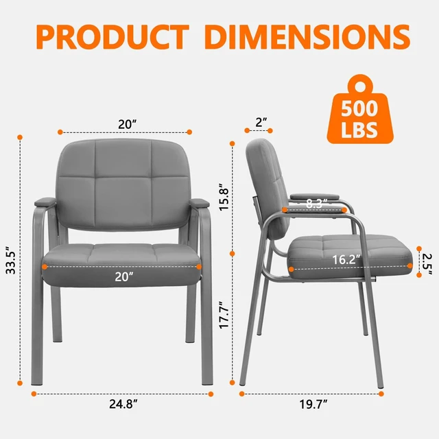 Alt view image 7 of 7 - CLATINA Big & Tall 500 lbs Waiting Room Guest Chair, Leather Office Reception Chair No Wheels with Padded Arms for Elderly Home Desk Conference Room Lobby Side Salon Clinic, Grey