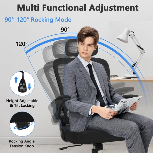 Alt view image 5 of 7 - KLASIKA Desk Chairs with Wheels, Ergonomic Mesh Back Home Office Chair with Headrest, Adjustable Lumbar Support Swivel Rolling Computer Chairs with Flip Up Armrests for Conference Meeting Room, Black