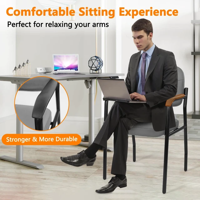 Alt view image 3 of 7 - CLATINA Leather Guest Chair No Wheels, Office Reception Chair with Armrests and Lumber Support, Ergonomic Desk Armchair for Meeting Waiting Conference Lobby Room Shool, Grey, 1PK