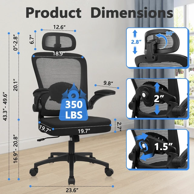 Alt view image 7 of 7 - KLASIKA Desk Chairs with Wheels, Ergonomic Mesh Back Home Office Chair with Headrest, Adjustable Lumbar Support Swivel Rolling Computer Chairs with Flip Up Armrests for Conference Meeting Room, Black