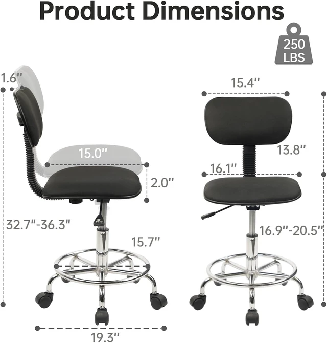 Alt view image 5 of 7 - KLASIKA Low Wide Rolling Swivel Stool with Backrest, Adjustable Height Salon Chair Stools with Footrest for Spa Tattoo Office Desk Massage Task Lash Barber Facial, Black
