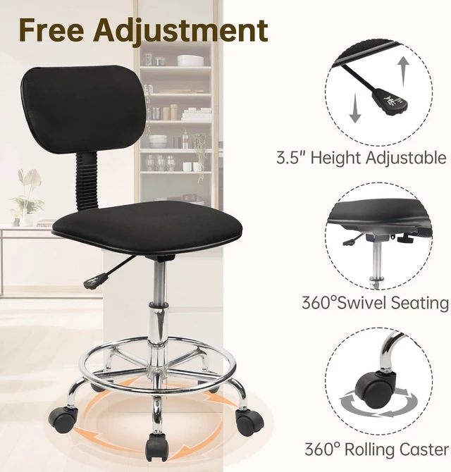 Alt view image 3 of 7 - KLASIKA Low Wide Rolling Swivel Stool with Backrest, Adjustable Height Salon Chair Stools with Footrest for Spa Tattoo Office Desk Massage Task Lash Barber Facial, Black