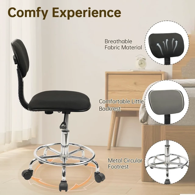 Alt view image 6 of 7 - KLASIKA Low Wide Rolling Swivel Stool with Backrest, Adjustable Height Salon Chair Stools with Footrest for Spa Tattoo Office Desk Massage Task Lash Barber Facial, Black