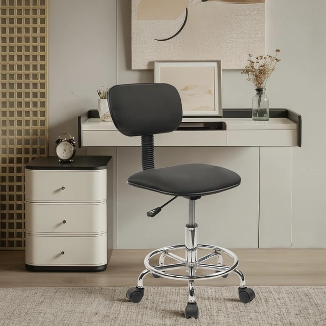 Alt view image 2 of 7 - KLASIKA Low Wide Rolling Swivel Stool with Backrest, Adjustable Height Salon Chair Stools with Footrest for Spa Tattoo Office Desk Massage Task Lash Barber Facial, Black
