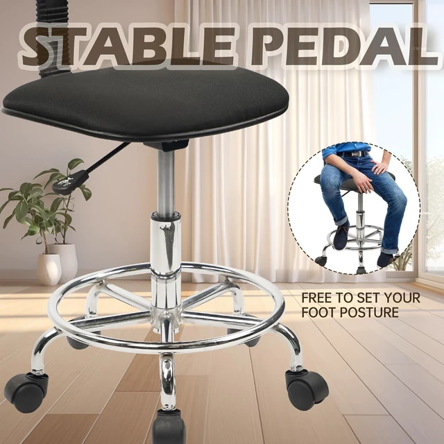Alt view image 4 of 7 - KLASIKA Low Wide Rolling Swivel Stool with Backrest, Adjustable Height Salon Chair Stools with Footrest for Spa Tattoo Office Desk Massage Task Lash Barber Facial, Black