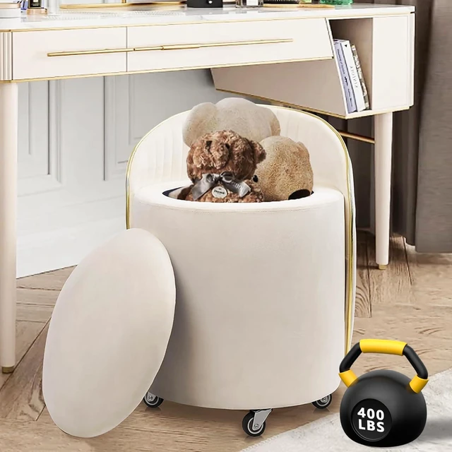 Main image of KLASIKA Round Storage Ottoman, Upholstered Velvet Vanity Stool with Lumbar Support, Swivel Rolling Wheels, Small Foot Stools Coffee Table Padded Seat for Makeup Room, Living Room, Bedroom Beige