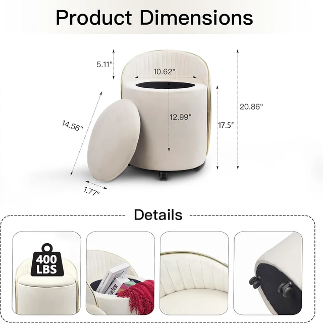 Alt view image 2 of 7 - KLASIKA Round Storage Ottoman, Upholstered Velvet Vanity Stool with Lumbar Support, Swivel Rolling Wheels, Small Foot Stools Coffee Table Padded Seat for Makeup Room, Living Room, Bedroom Beige