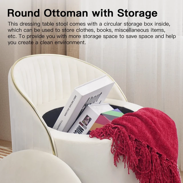 Alt view image 3 of 7 - KLASIKA Round Storage Ottoman, Upholstered Velvet Vanity Stool with Lumbar Support, Swivel Rolling Wheels, Small Foot Stools Coffee Table Padded Seat for Makeup Room, Living Room, Bedroom Beige