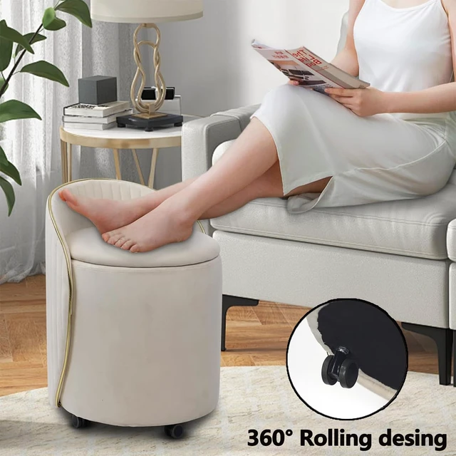 Alt view image 4 of 7 - KLASIKA Round Storage Ottoman, Upholstered Velvet Vanity Stool with Lumbar Support, Swivel Rolling Wheels, Small Foot Stools Coffee Table Padded Seat for Makeup Room, Living Room, Bedroom Beige