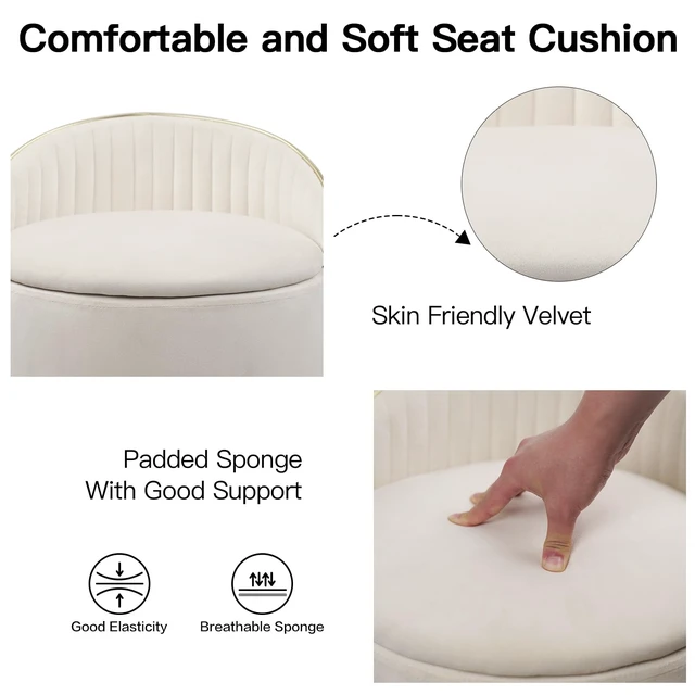 Alt view image 5 of 7 - KLASIKA Round Storage Ottoman, Upholstered Velvet Vanity Stool with Lumbar Support, Swivel Rolling Wheels, Small Foot Stools Coffee Table Padded Seat for Makeup Room, Living Room, Bedroom Beige