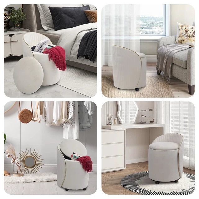 Alt view image 6 of 7 - KLASIKA Round Storage Ottoman, Upholstered Velvet Vanity Stool with Lumbar Support, Swivel Rolling Wheels, Small Foot Stools Coffee Table Padded Seat for Makeup Room, Living Room, Bedroom Beige