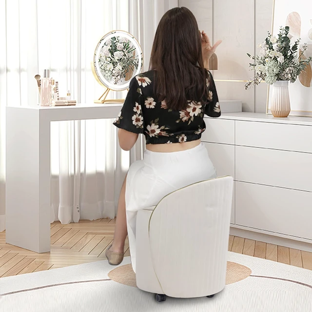 Alt view image 7 of 7 - KLASIKA Round Storage Ottoman, Upholstered Velvet Vanity Stool with Lumbar Support, Swivel Rolling Wheels, Small Foot Stools Coffee Table Padded Seat for Makeup Room, Living Room, Bedroom Beige