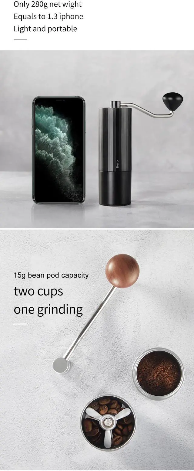 Alt view image 5 of 7 - HERO Manual Coffee Grinder Stainless Steel Conical Burr Black