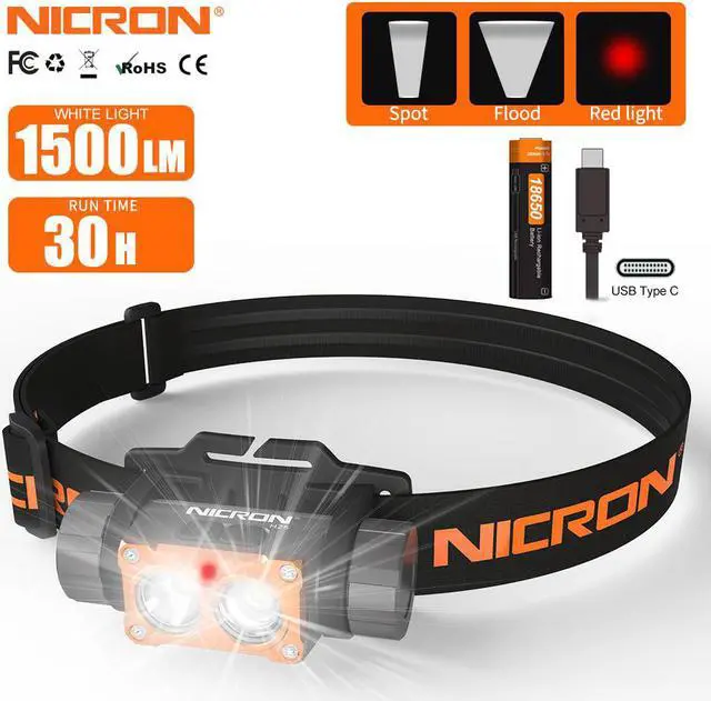 Main image of NICRON USB Rechargeable Headlamp With Spot and Flood Light and Red Light Super Bright 1500 Lumen Torch 5 Lighting Modes Waterproof IP65 Headlight for Household Camping Cycling With 18 650 Battery H25