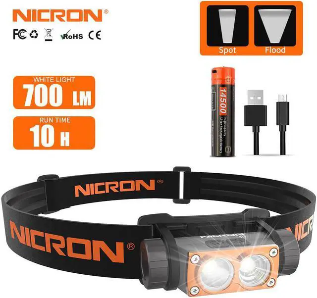 Main image of NICRON H15 LED Rechargeable Headlamp, 2 Button Spotlight, 180° Adjustable Lightweight Headlamp, IP67 Waterproof, Very Bright 700 Lumens, Includes USB Cable, Battery Rechargeable H15
