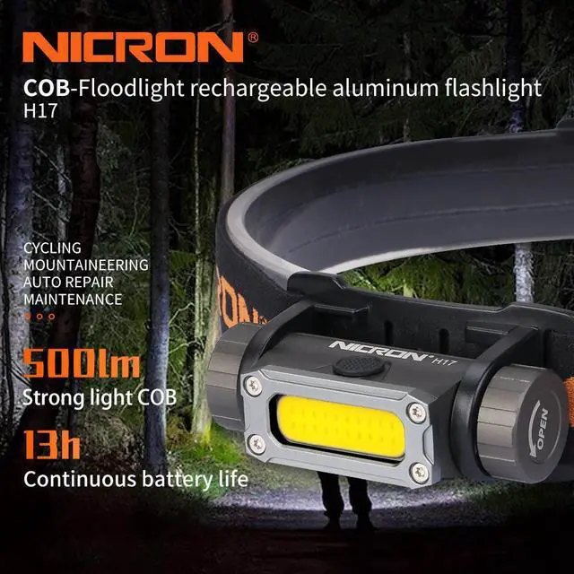 Alt view image 2 of 7 - Nicron COB headlamp H17 rechargeable 500lm COB flood lighting Mini Head light 14500/800mAh IPX4 Aluminum Alloy LED Flahshlight H17