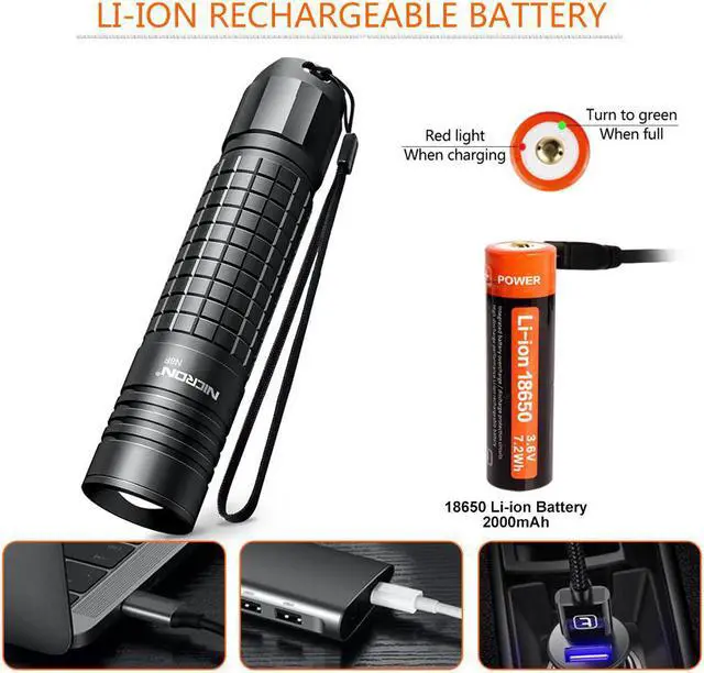 Alt view image 7 of 7 - NICRON 800 Lumen N8F Focus Flashlight with 5 Modes,Zoomable LED Flashlight with Rechargeable Battery and Micro-USB,IP65 Waterproof and Dustproof,Suitable for Camping,Fishing, Jogging,Outdoors N8F
