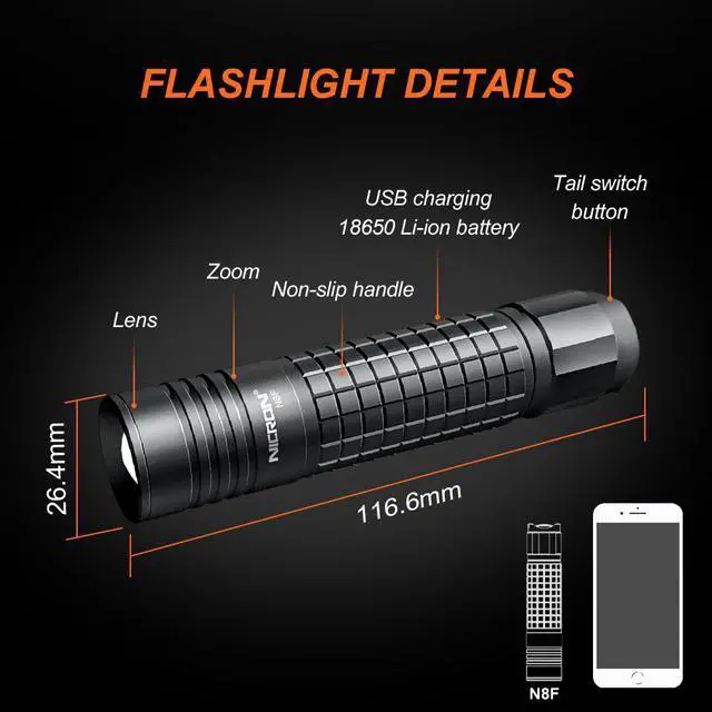 Alt view image 6 of 7 - NICRON 800 Lumen N8F Focus Flashlight with 5 Modes,Zoomable LED Flashlight with Rechargeable Battery and Micro-USB,IP65 Waterproof and Dustproof,Suitable for Camping,Fishing, Jogging,Outdoors N8F