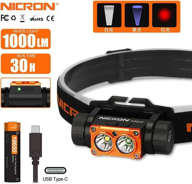 Main image of NICRON Rechargeable Flashlight 1000LM/395nm Brightness White/UV Dual Light Source Headlight with Red Light Portable Waterproof Headlamp 18 650 Rechargeable Headlamp H35UV (include battery)