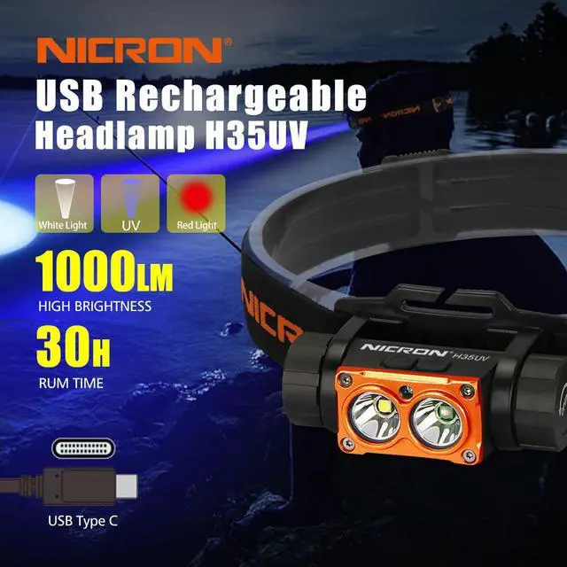 Alt view image 3 of 7 - NICRON Rechargeable Flashlight 1000LM/395nm Brightness White/UV Dual Light Source Headlight with Red Light Portable Waterproof Headlamp 18 650 Rechargeable Headlamp H35UV (include battery)