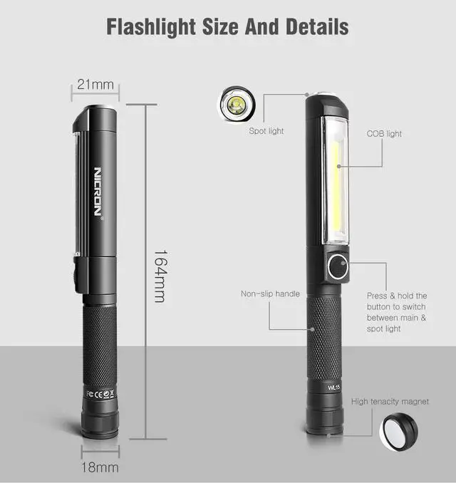 Alt view image 7 of 7 - NICON Worklight Pocket Light With Both Spot and Flood Light,COB Magnetic Base Work Light, 500 Lumens Inspection Pen Light 5 Modes LED Flood Handheld Led Flashlight 3*AAA For Car Repair, Household WL15