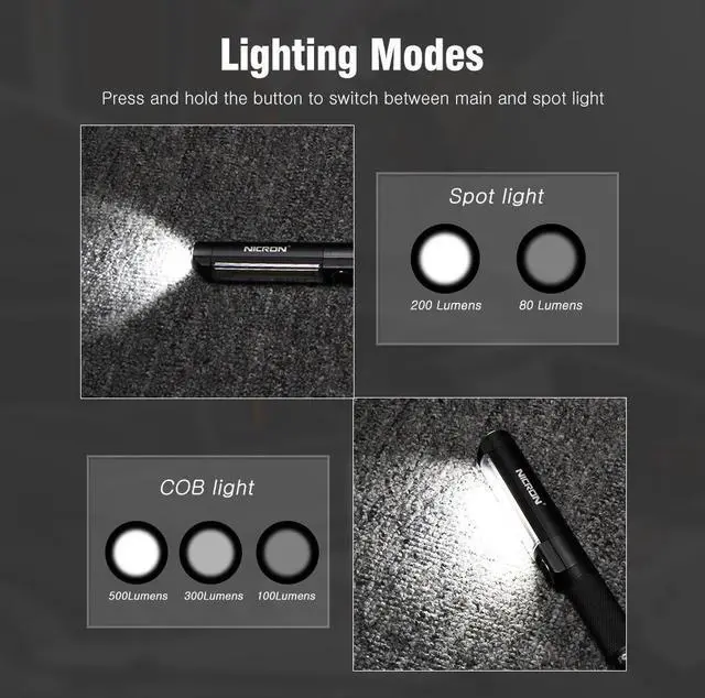 Alt view image 3 of 7 - NICON Worklight Pocket Light With Both Spot and Flood Light,COB Magnetic Base Work Light, 500 Lumens Inspection Pen Light 5 Modes LED Flood Handheld Led Flashlight 3*AAA For Car Repair, Household WL15