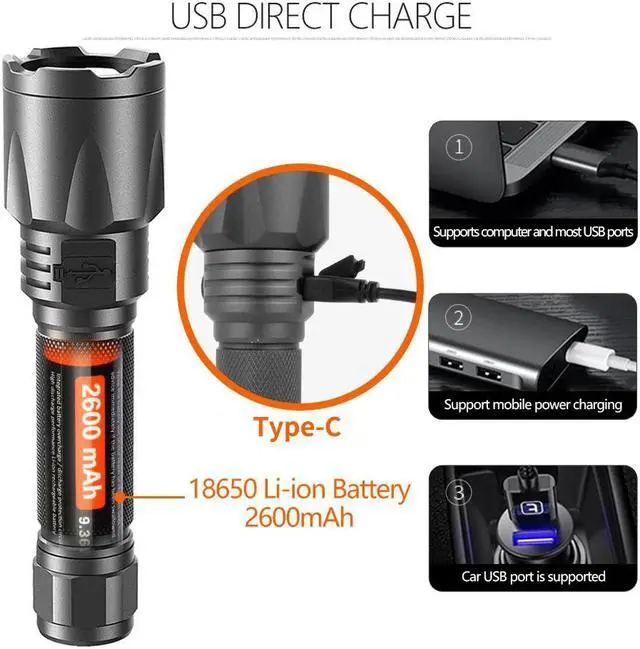 Alt view image 5 of 7 - NICRON Rechargeable Flashlight Super Bright 10W 1400lm with 500m Beam Distance IPX8 Waterproof LED USB Type-C Rechargeable Torchlight B60