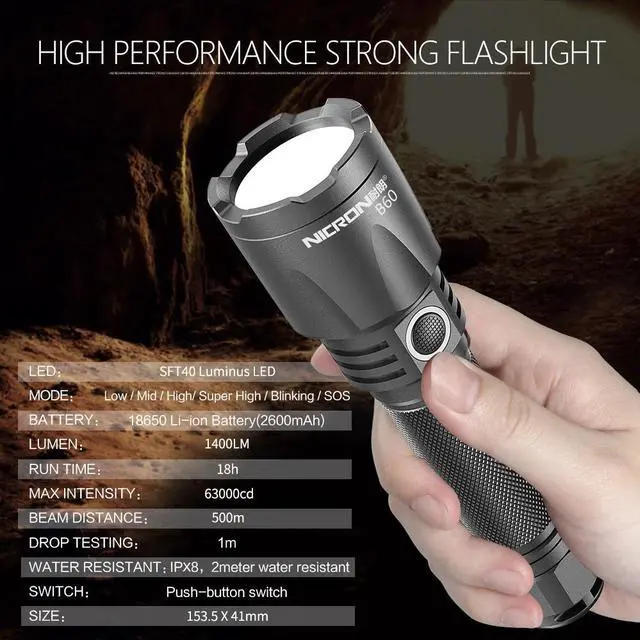 Alt view image 6 of 7 - NICRON Rechargeable Flashlight Super Bright 10W 1400lm with 500m Beam Distance IPX8 Waterproof LED USB Type-C Rechargeable Torchlight B60