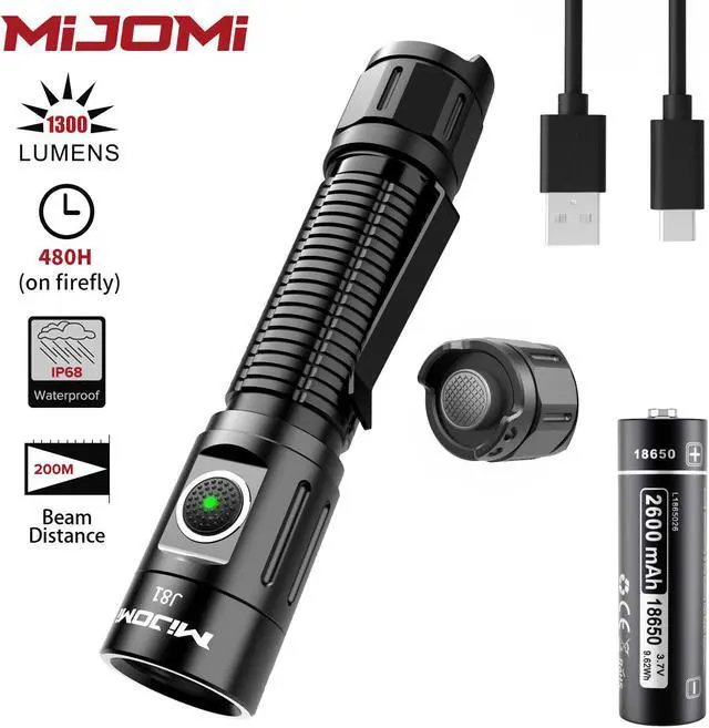 Main image of MIJOMI J81 Tactical Torch Double Switch USB C Re chargeable 1300 Lumens IP68 Waterproof 7 Light Modes 480 Hours Light Duration with 18 650 Battery Suitable for Household, Camping,Outdoor J81