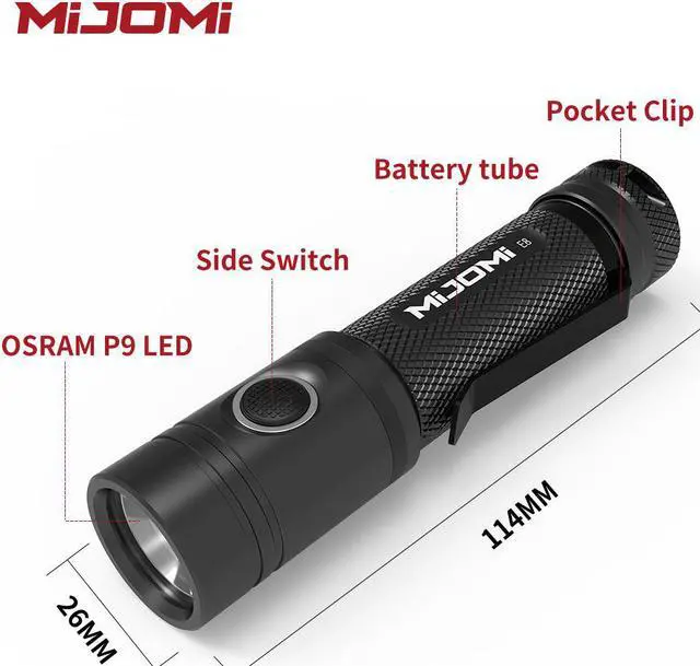Alt view image 3 of 7 - Mijomi LED Flashlight E8 1200lumens Brightness 18 650 Type-C Rechargeable,IP67 Waterproof,170m Beam Distance Tactical Flashlight for Household Outdoor Hiking Climbing Camping E8