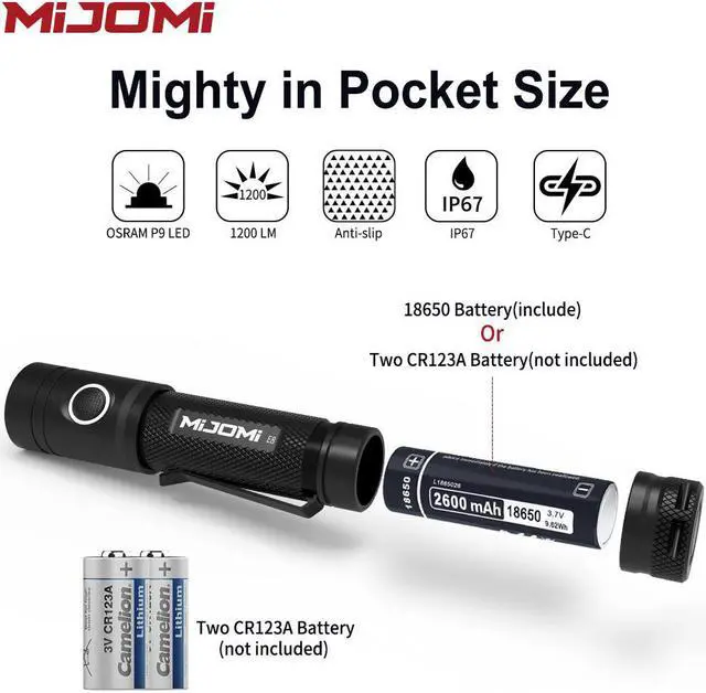 Alt view image 5 of 7 - Mijomi LED Flashlight E8 1200lumens Brightness 18 650 Type-C Rechargeable,IP67 Waterproof,170m Beam Distance Tactical Flashlight for Household Outdoor Hiking Climbing Camping E8