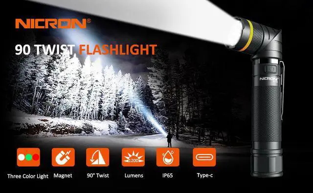 Alt view image 2 of 6 - NICRON Magnet 90 Degree Rechargeable LED Flashlight Handfree Ultra High Brightness 1200LM With Three Light Color(White,Red,Green),Waterproof Rotatable head LED Torch For Household Outdoor Use B70