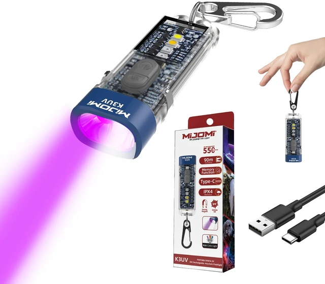 Main image of MIJOMI K3UV Keychain Flashlight 550 Lumens EDC Pocket Light with Clip USB-C Rechargeable 13 Modes White/Warm/RGB IPX4 Waterproof for Household Outdoor Emergency Use