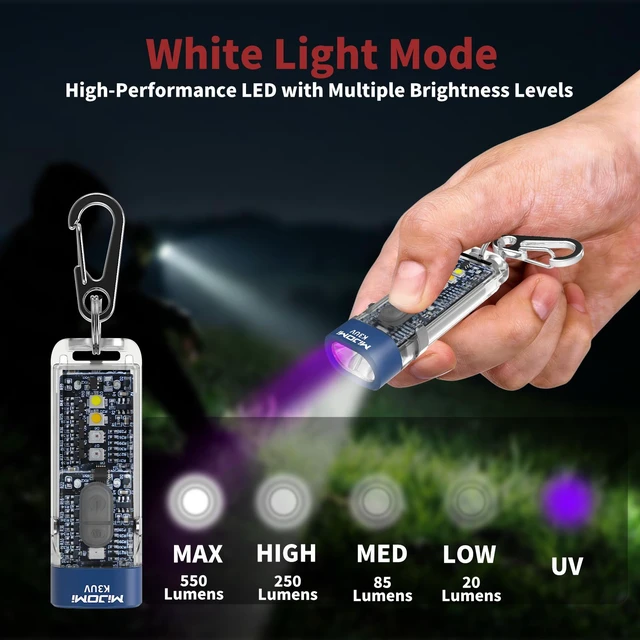 Alt view image 5 of 7 - MIJOMI K3UV Keychain Flashlight 550 Lumens EDC Pocket Light with Clip USB-C Rechargeable 13 Modes White/Warm/RGB IPX4 Waterproof for Household Outdoor Emergency Use
