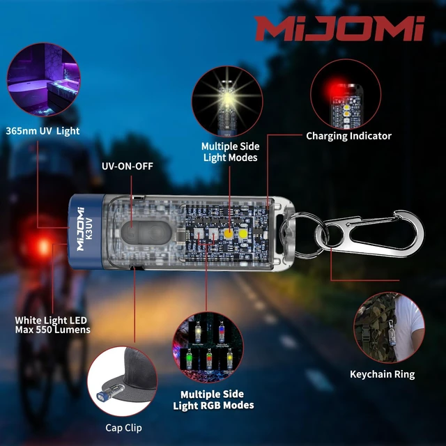 Alt view image 6 of 7 - MIJOMI K3UV Keychain Flashlight 550 Lumens EDC Pocket Light with Clip USB-C Rechargeable 13 Modes White/Warm/RGB IPX4 Waterproof for Household Outdoor Emergency Use