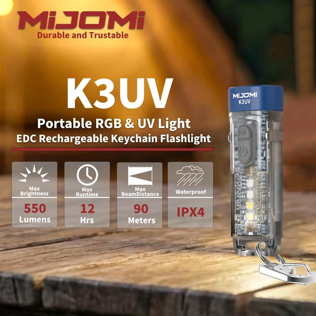 Alt view image 2 of 7 - MIJOMI K3UV Keychain Flashlight 550 Lumens EDC Pocket Light with Clip USB-C Rechargeable 13 Modes White/Warm/RGB IPX4 Waterproof for Household Outdoor Emergency Use