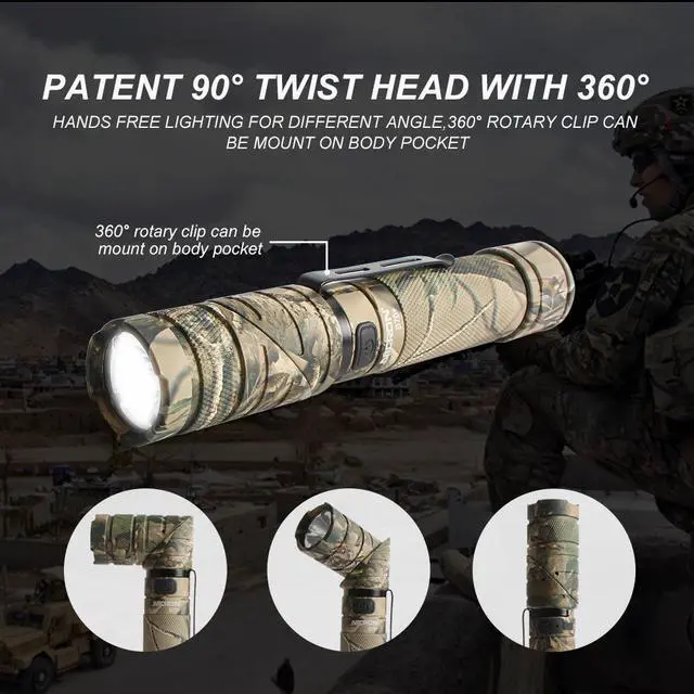 Alt view image 3 of 6 - Nicron Rechargeable Twist Flashlight 1200 Lumen LED Flashlight 3-Color Light 90 Degree Camo With 360 Rotary Clip Waterproof And With Strong Magnet B70PLUS