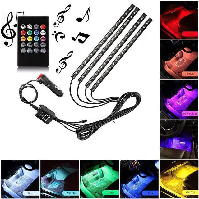 Alt view image 2 of 7 - Car LED Strip Light, 4pcs 72 LED DC 12V Multicolor Music Car Interior Light LED Under Dash Lighting Kit with Sound Active Function and Wireless Remote Control, Car Charger