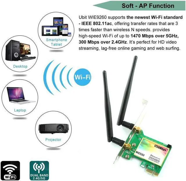 Alt view image 4 of 6 - Gigabit WiFi Card, Wireless-AC 9260 Dual Band 2030Mbps(5G-1730Mbps / 2.4G-300Mbps), PCIe WiFi Card, Bluetooth 5.0 Wireless Network Card, PCI-E Wireless Wi-Fi Network Adapter for Desktop PC