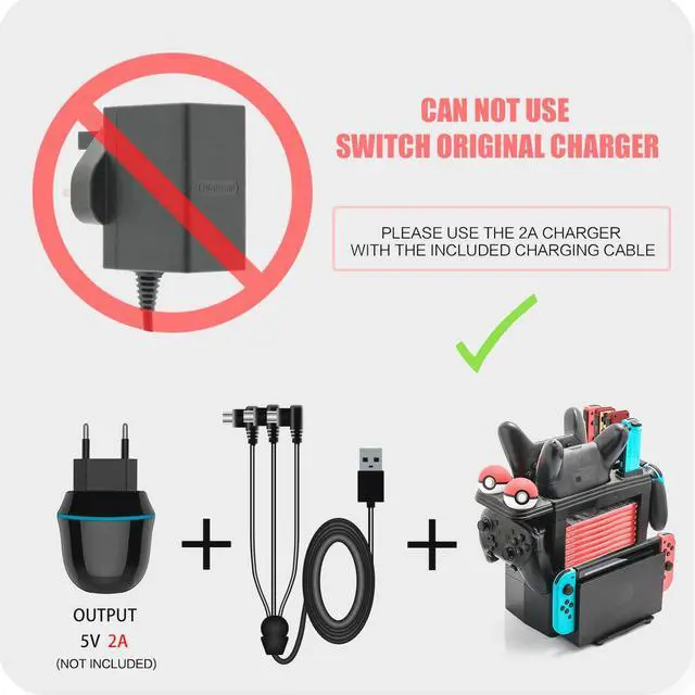 Alt view image 7 of 7 - Controller Charger for Nintendo Switch Charging Dock for Nintendo Switch 4 Joy-Cons 4 Pro Controllers and 2 Poke Ball Plus Controllers Storage Rack for Nintendo Switch Holder for 8 Switch Games