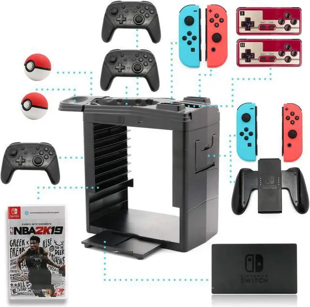 Alt view image 2 of 7 - Controller Charger for Nintendo Switch Charging Dock for Nintendo Switch 4 Joy-Cons 4 Pro Controllers and 2 Poke Ball Plus Controllers Storage Rack for Nintendo Switch Holder for 8 Switch Games