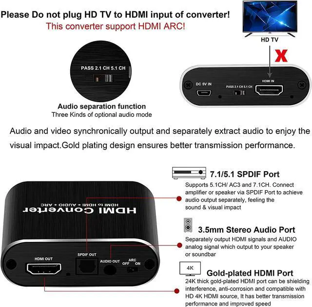 Alt view image 4 of 6 - 4K HDMI Audio Extractor, HDMI to HDMI + Optical Toslink SPDIF + 3.5mm AUX Stereo Audio Out, HDMI Audio Converter Adapter Splitter Support 4K@60Hz Full HD 1080P 3D