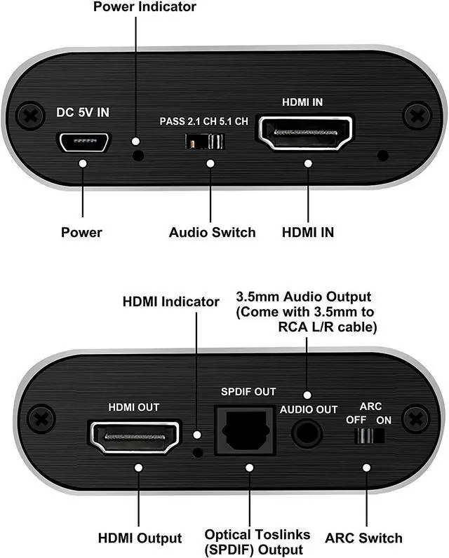 Alt view image 2 of 6 - 4K HDMI Audio Extractor, HDMI to HDMI + Optical Toslink SPDIF + 3.5mm AUX Stereo Audio Out, HDMI Audio Converter Adapter Splitter Support 4K@60Hz Full HD 1080P 3D