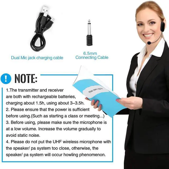 Alt view image 7 of 7 - Wireless Microphone Headset UHF External Mic Rechargeable Transmitter with Receiver Headset and Handheld 2 in 1 for Voice Amplifier Pa system Stage Speaker Mixer
