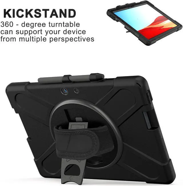 Alt view image 3 of 7 - Microsoft Surface Pro X Case Protective Rugged Cover with Pen Holder Hand Strap Rotating Kickstand and Shoulder Strap for Microsoft Surface Pro X 13 inch