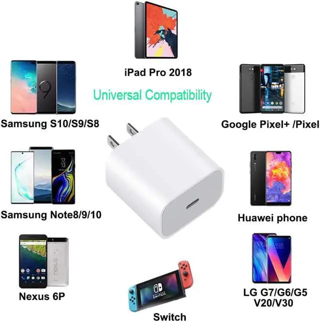 Alt view image 7 of 7 - USB C Power Adapter 18W PD Quick Wall Charger with 6.6 Ft USB-C to C Cable for iPad Pro 11" / 12.9" New Google Pixle 3 3LX Samsung Galaxy S10 S9 S8 White