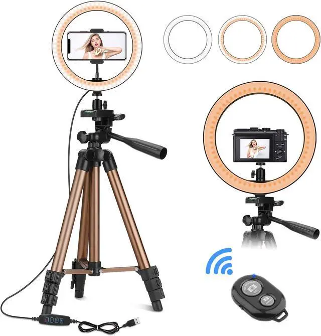 Main image of 10" Selfie Ring Light with 50" Tripod Stand & Phone Holder for Makeup Live Stream, LED Camera Ring Light with Remote Shutter for Photography and YouTube Video, Compatible with iPhone & Android